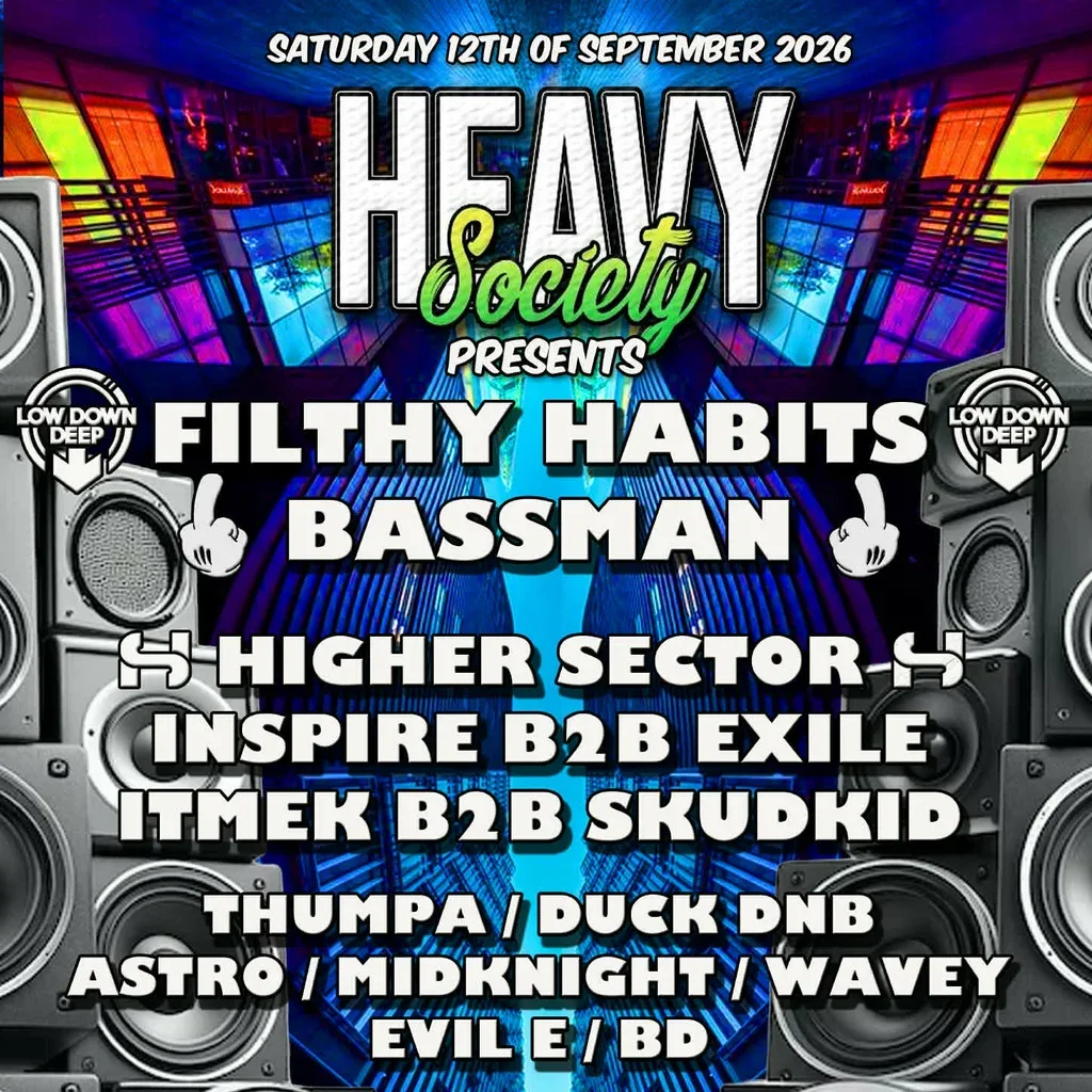 Flyer for Heavy Society X The Bassment