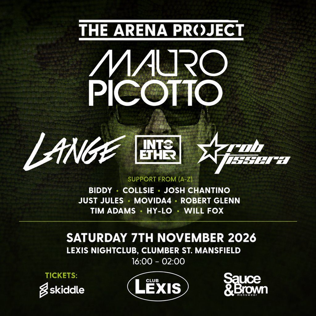 Flyer for The Arena Project pres Mauro Picotto, Lange & Rob Tissera