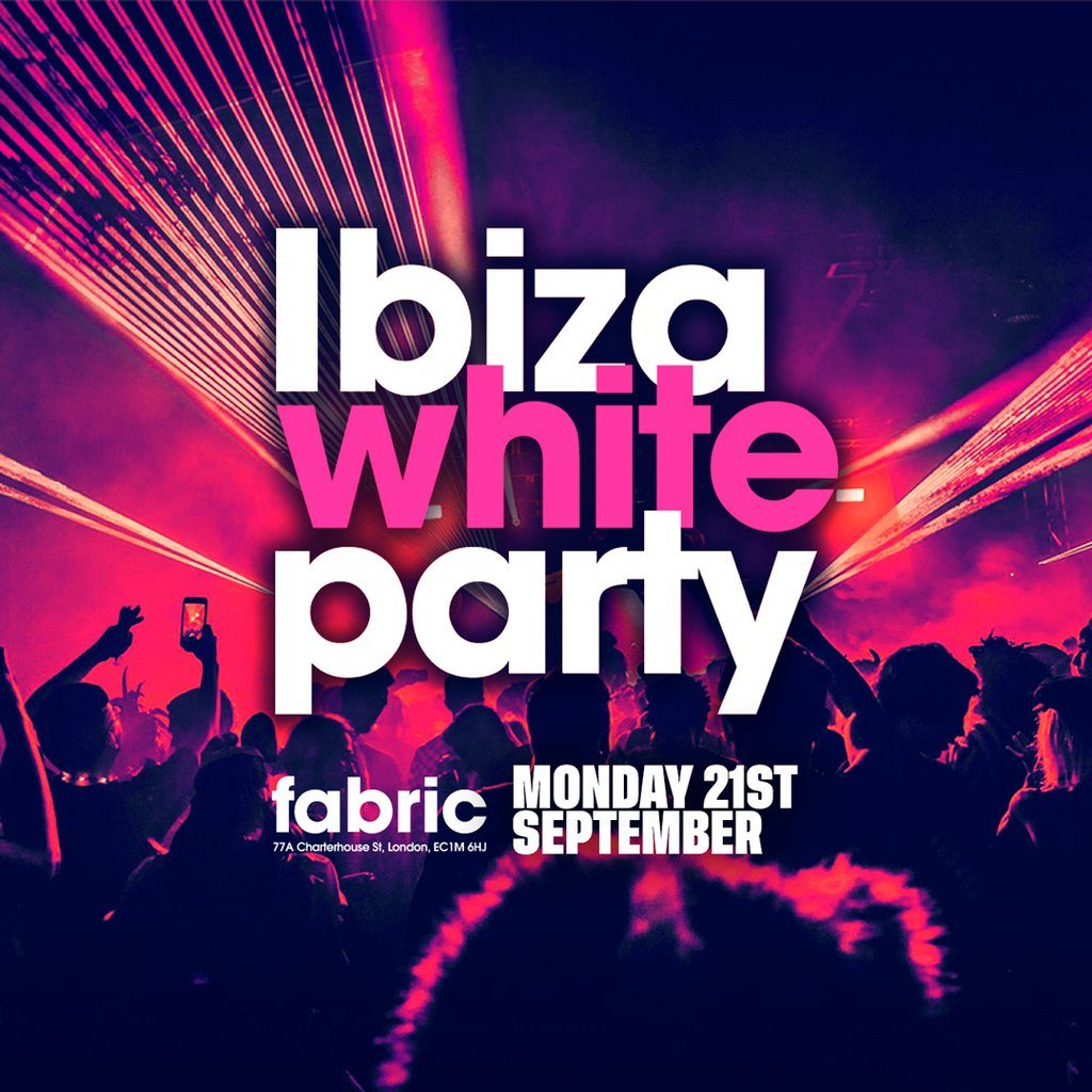 Flyer for The 2026 Freshers Ibiza White Party at FABRIC!