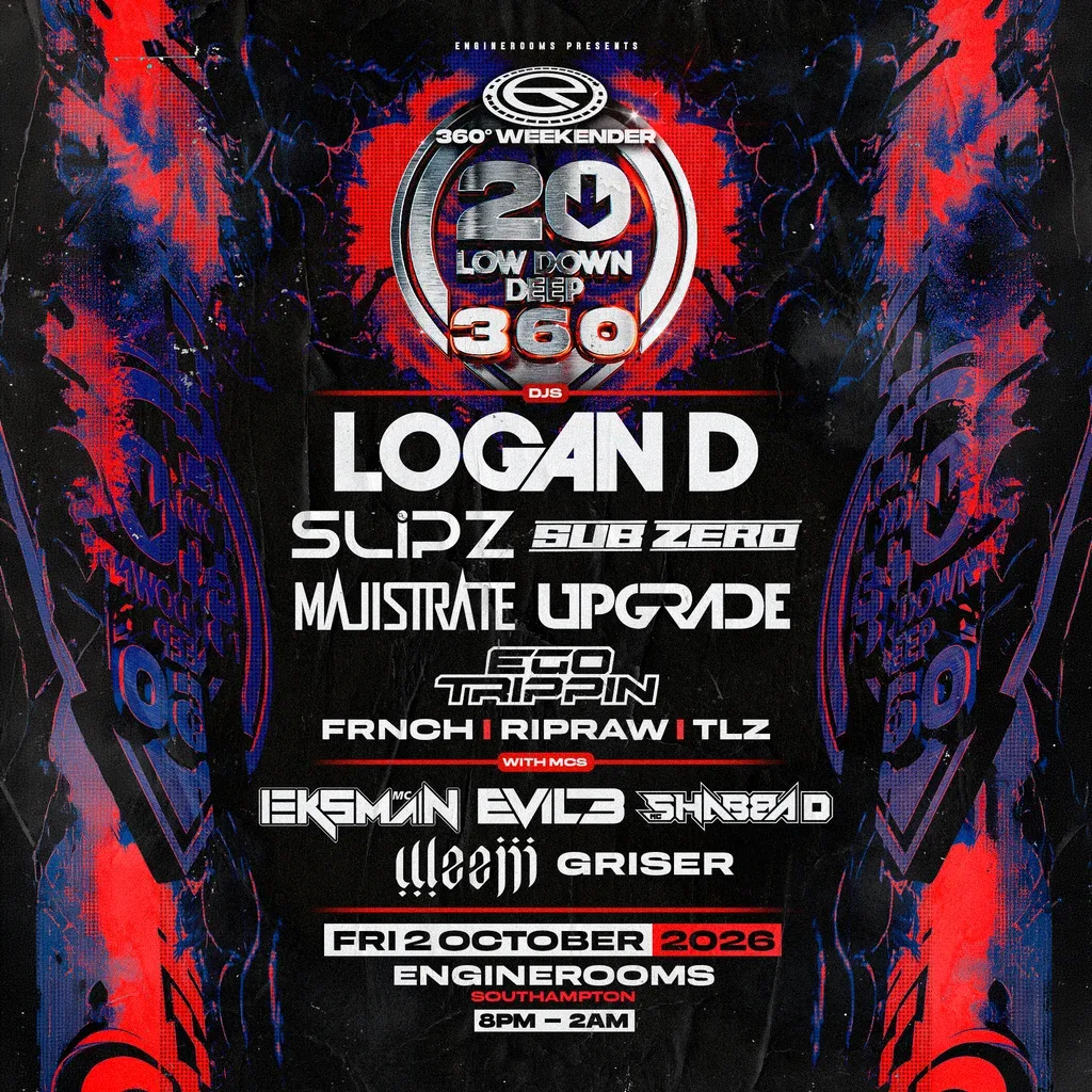 Flyer for EngineRooms 360 Weekender: 20 Years of Low Down Deep