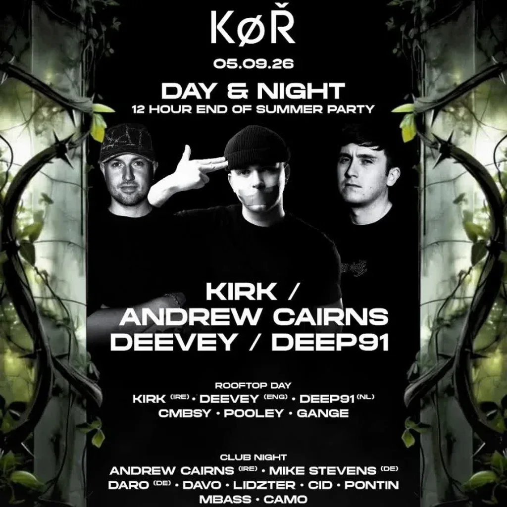 Flyer for KØR Rooftop & Night Cardiff w/ KIRK / ANDREW CAIRNS / DEEVEY