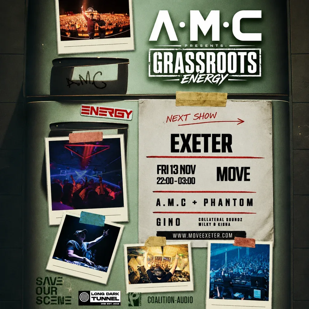 Flyer for A.M.C + PHANTOM, GINO + more | 13.11.26 | Move Exeter