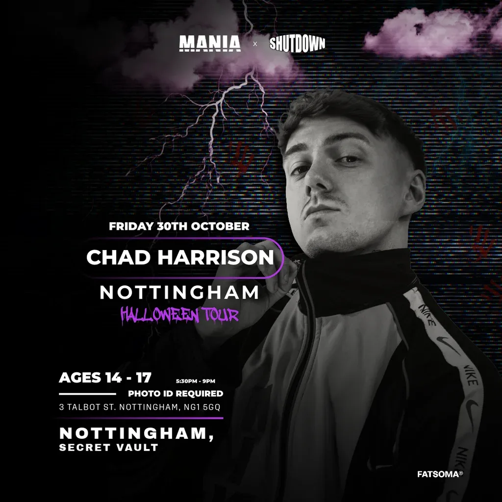 Flyer for Mania U18 x Shutdown: Nottingham Halloween W/ CHAD HARRISON