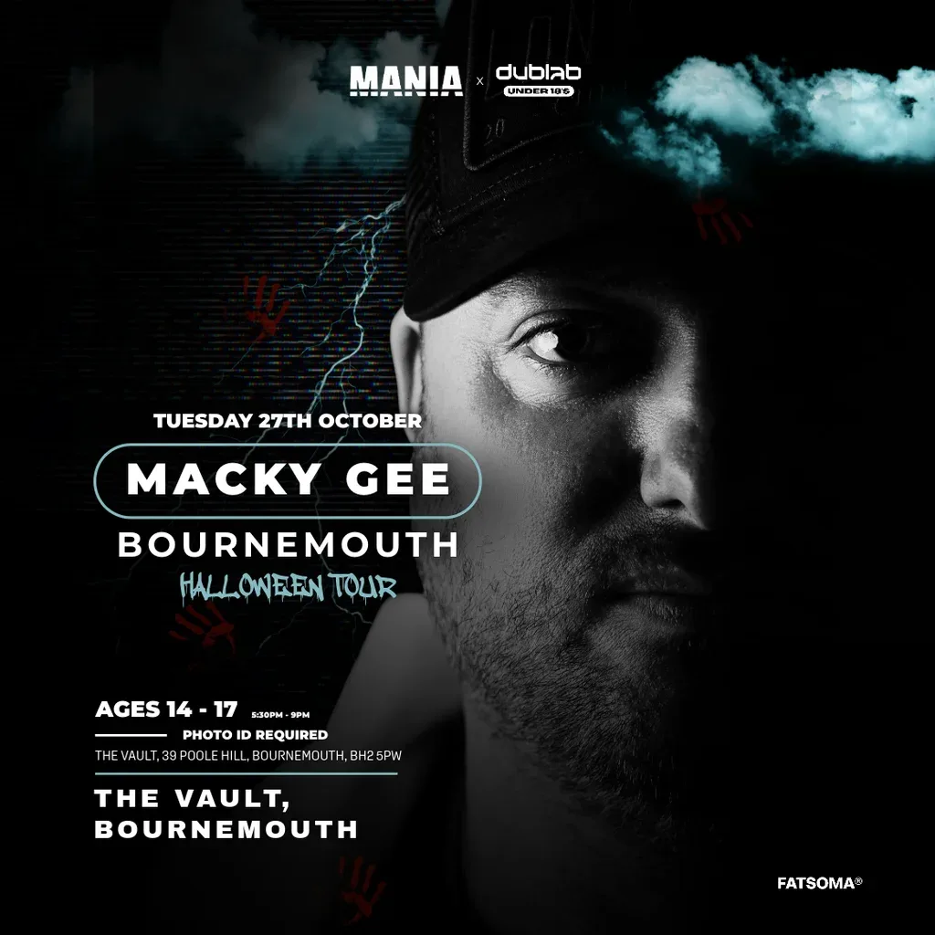 Flyer for MANIA U18 x DUB LAB : BOURNEMOUTH + MACKY GEE