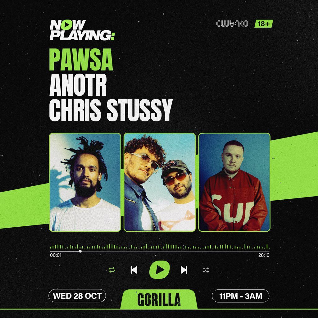 Flyer for NOW PLAYING: PAWSA, ANOTR & Chris Stussy
