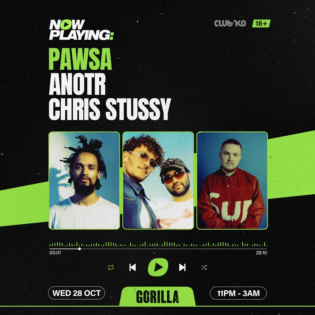 Flyer for NOW PLAYING: PAWSA, ANOTR & Chris Stussy