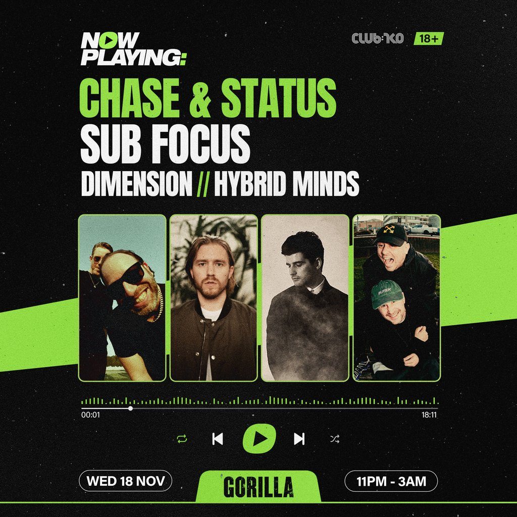Flyer for NOW PLAYING: Chase & Status, Sub Focus, Dimension & Hybrid Minds
