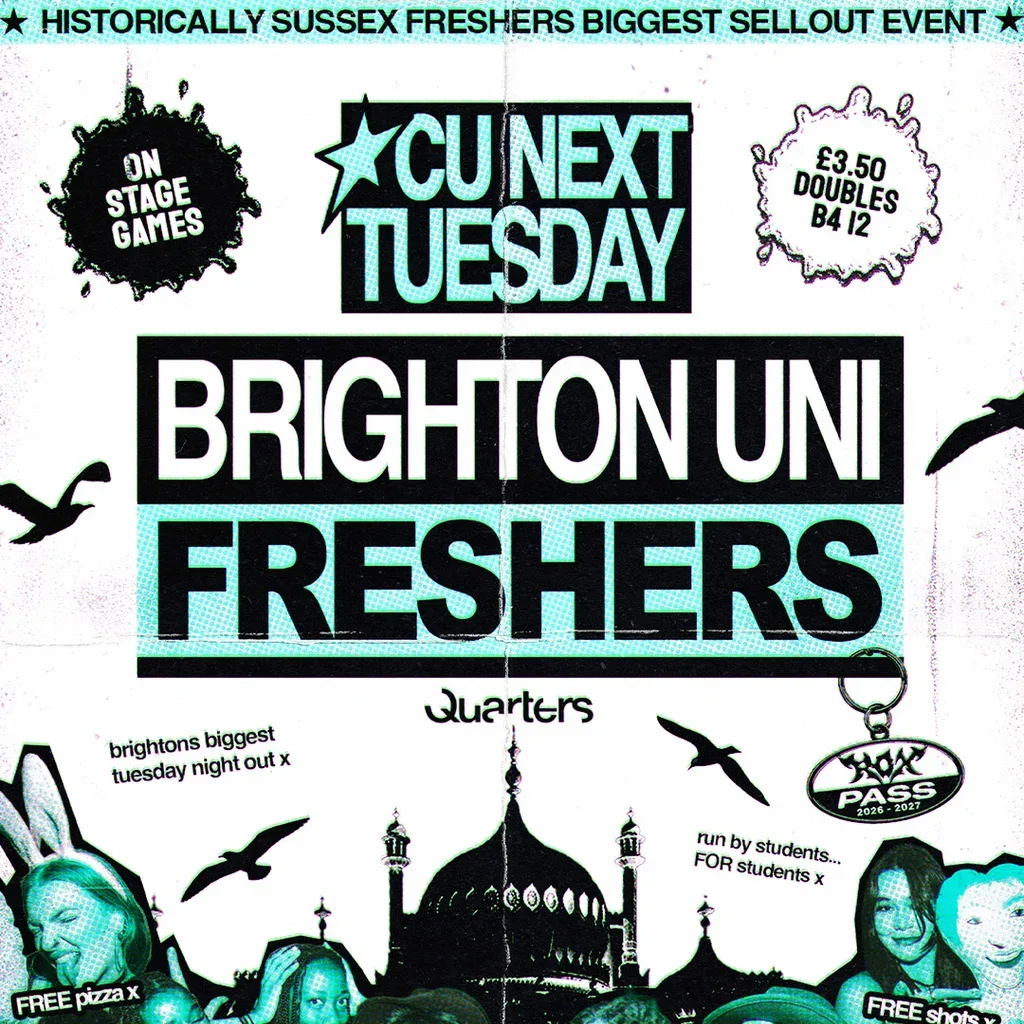 Flyer for CU Next Tuesday | BRIGHTON UNI FRESHERS Initiation Party| 29/09