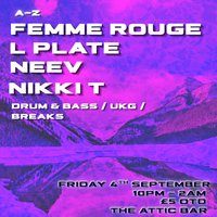 Flyer for Attic Bar Residents: Neev, Femme Rouge, Nikki T, L Plate