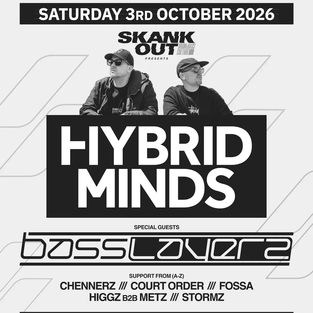 Flyer for Hybrid Minds, Basslayerz & more!