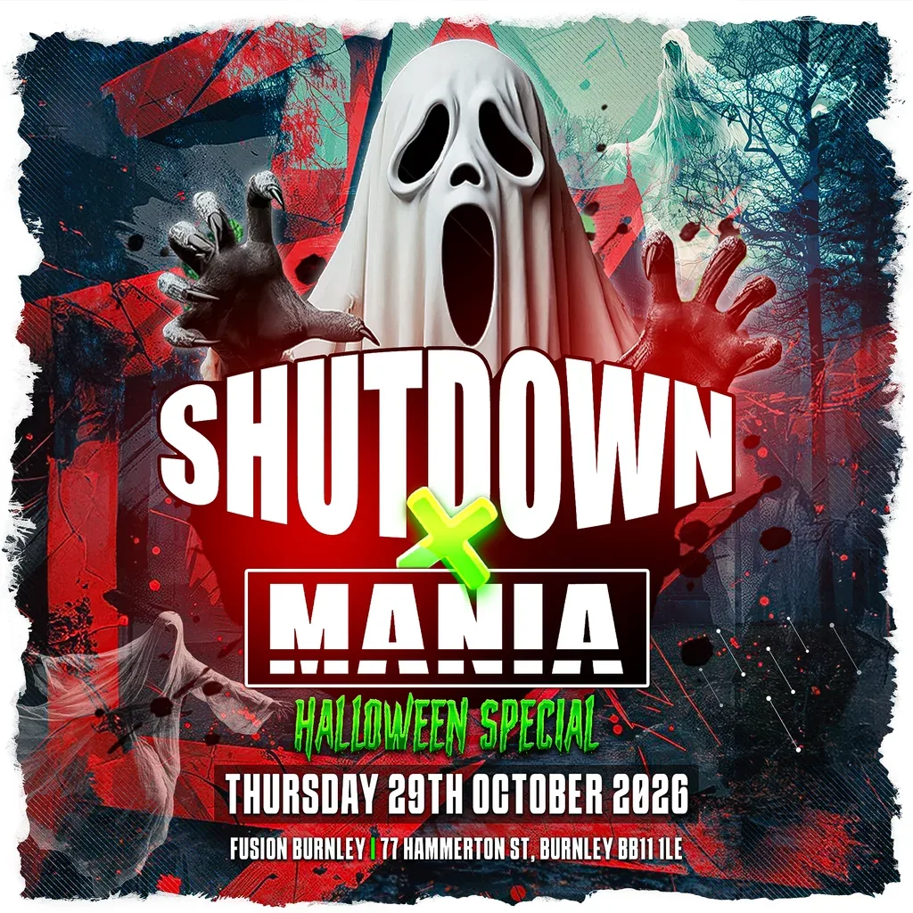 Flyer for SHUTDOWN VS MANIA U18s Halloween Special BURNLEY
