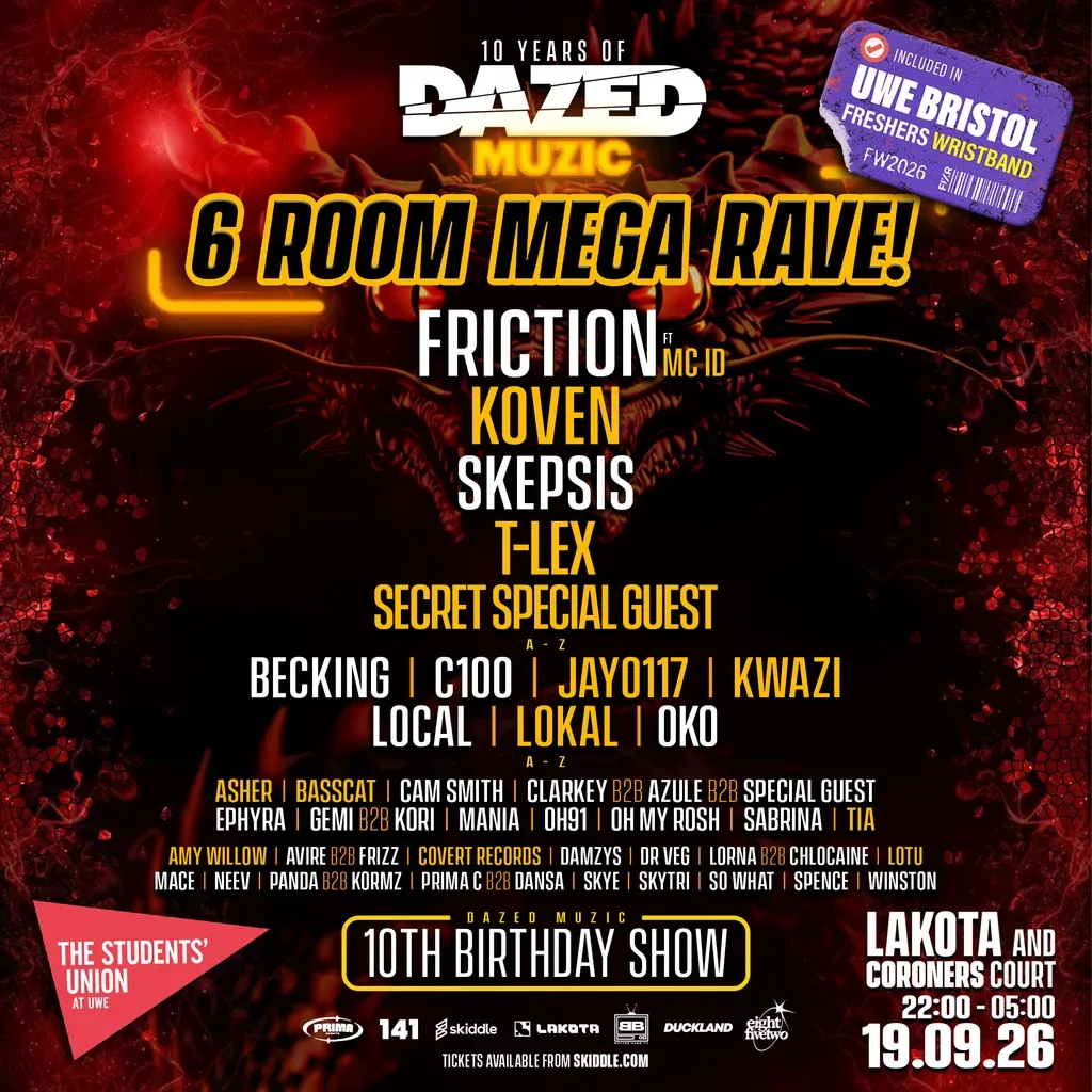 Flyer for UWE Bristol Official Freshers|6 Room MEGA Rave