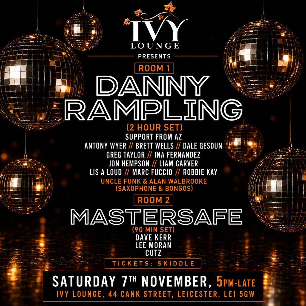 Flyer for Danny Rampling & Mastersafe - 2 Room Takeover