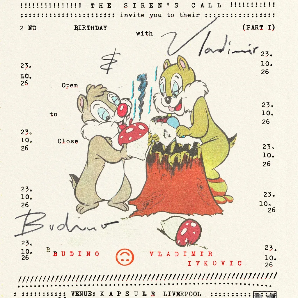 Flyer for The Sirens Call: Vladimir Ivkovic + Budino 2nd Birthday Party