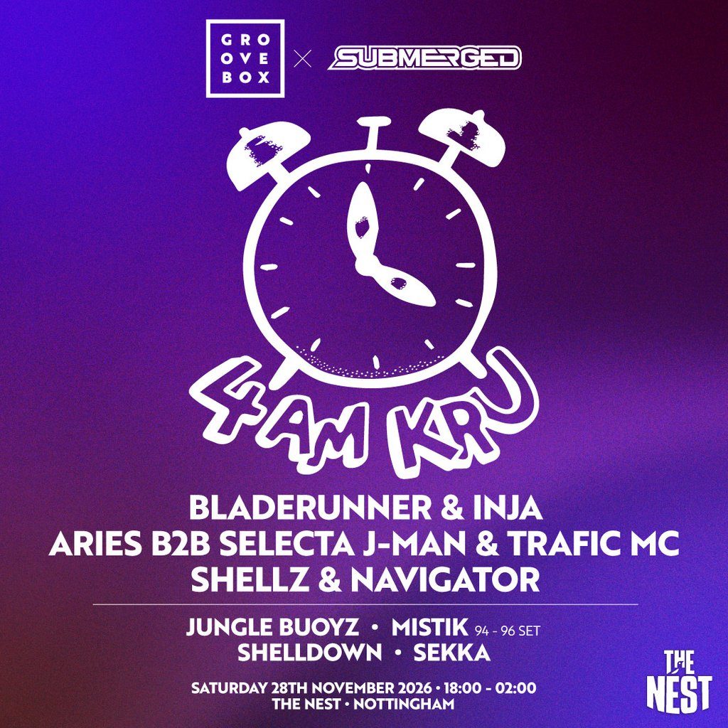 Flyer for 4am Kru, Bladerunner, inja, Groovebox x Submerged at The Nest