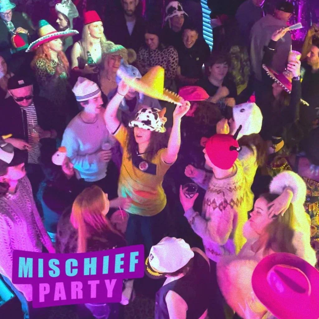 Flyer for Mischief social day party: jungle + drum and bass