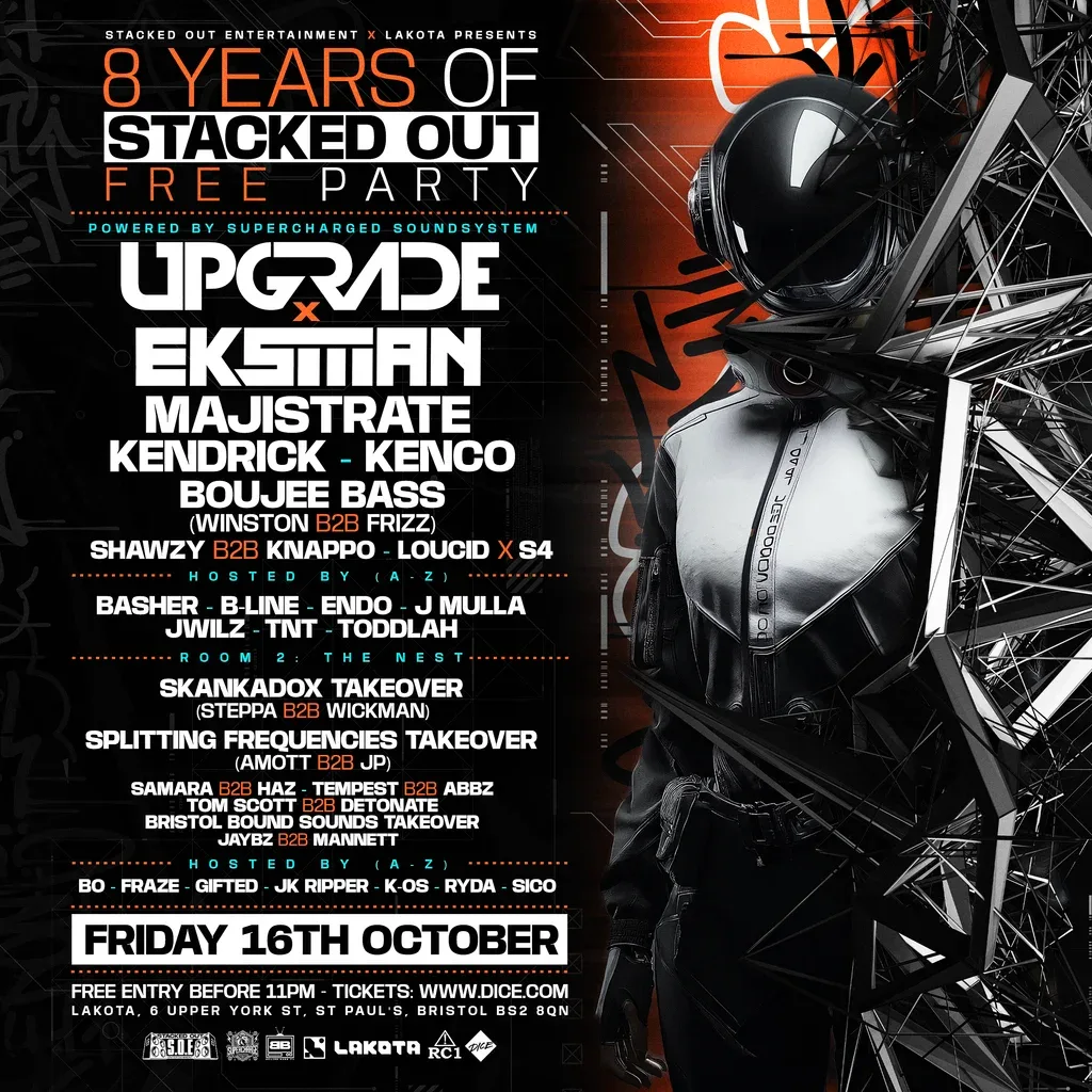 Flyer for 8 Years of Stacked Out Free Rave