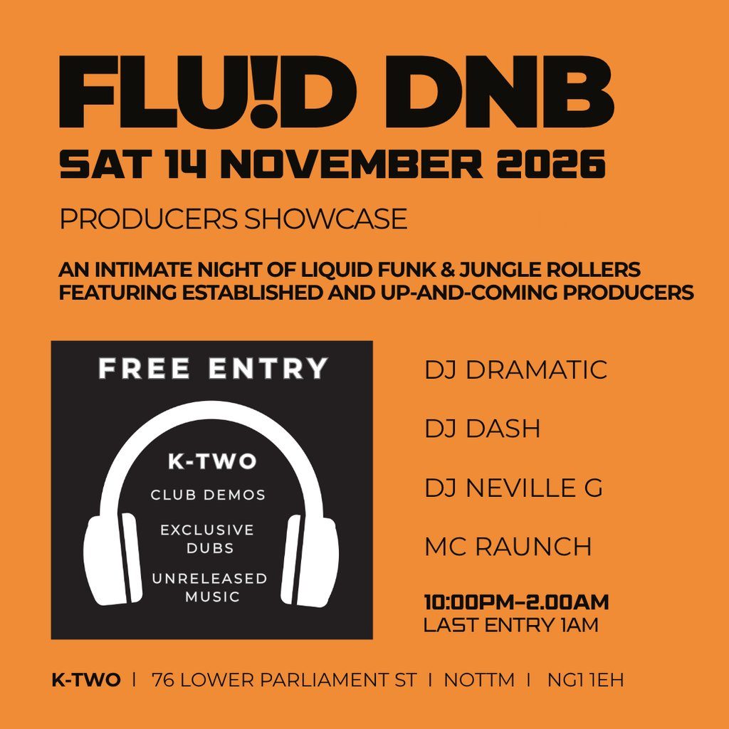 Flyer for Fluid DNB Producers Showcase - K-Two
