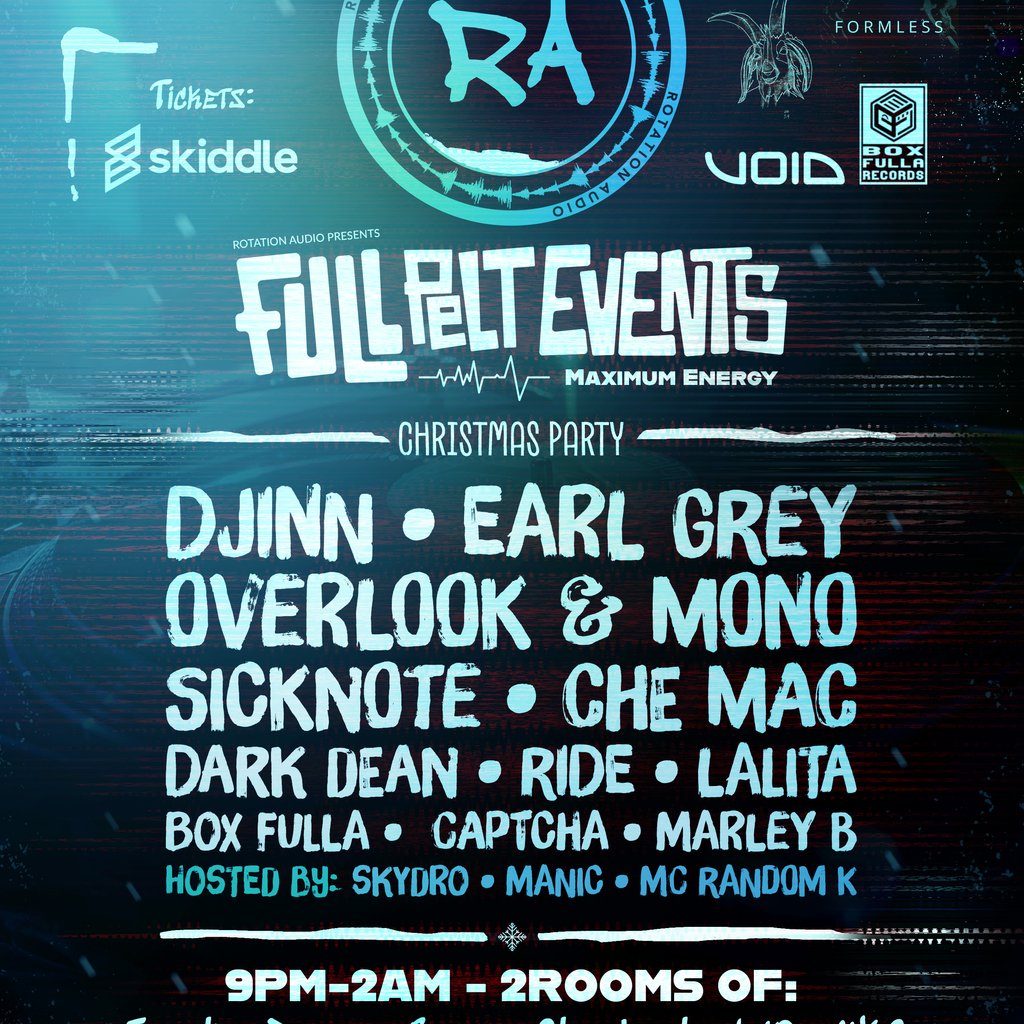 Flyer for Rotation Audio Presents Full Pelt Christmas Party